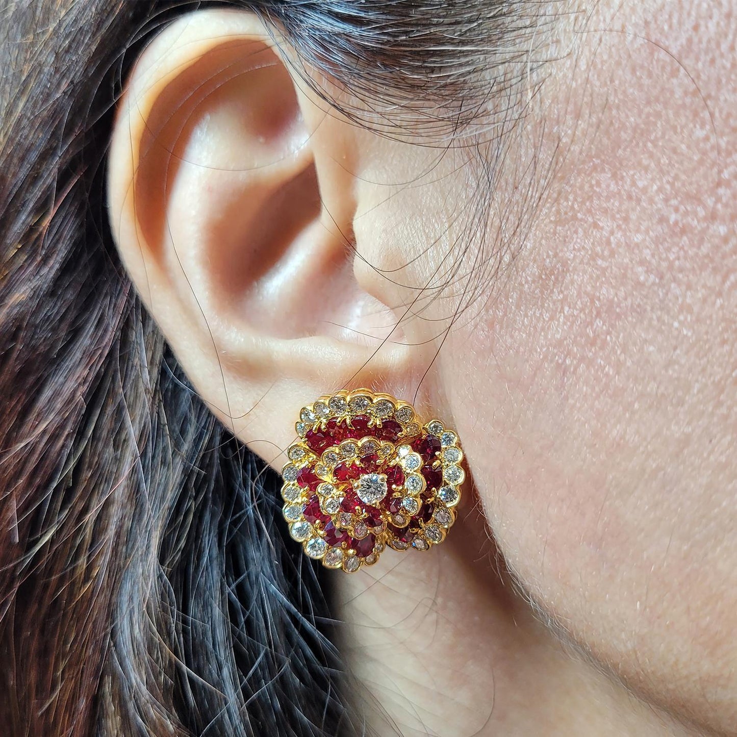 Van Cleef & Arpels Ruby Diamond 'Camellia' Ear Clips in 18kt Gold