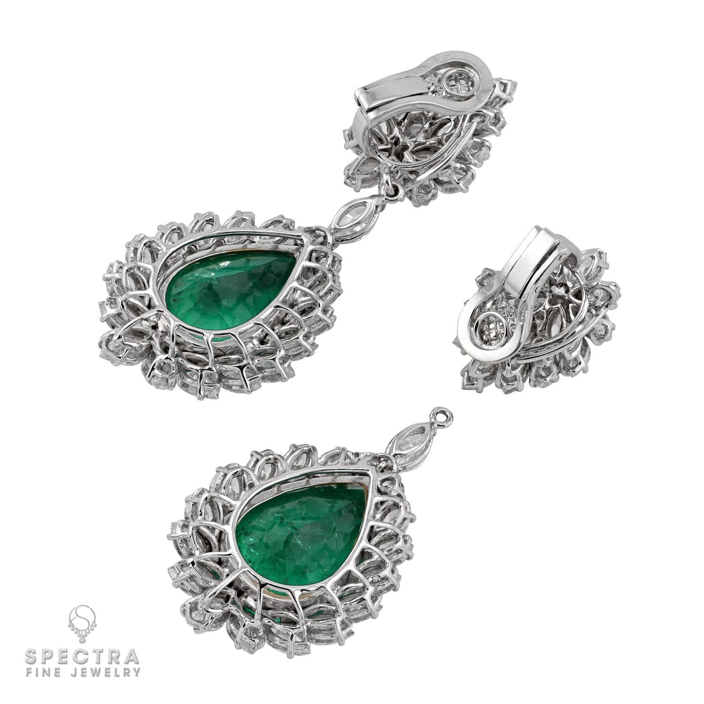 Contemporary Colombian Emerald Diamond Halo Cluster Drop Earrings