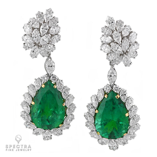 Contemporary Colombian Emerald Diamond Halo Cluster Drop Earrings