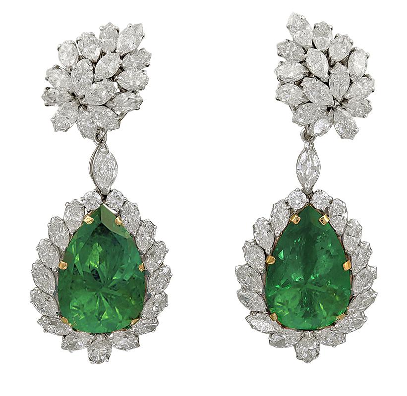 Contemporary Colombian Emerald Diamond Halo Cluster Drop Earrings