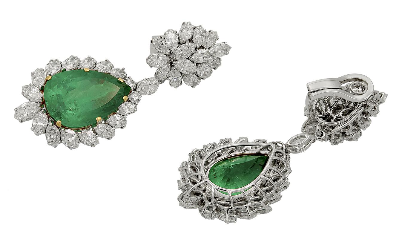 Contemporary Colombian Emerald Diamond Halo Cluster Drop Earrings