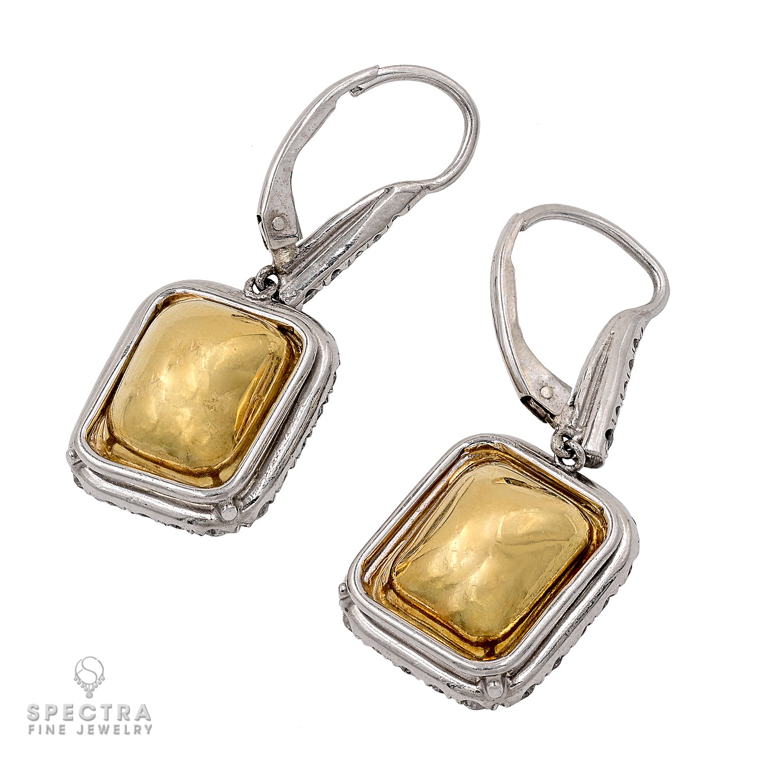 Contemporary Emerald Cut Yellow Diamond Halo Drop Earrings