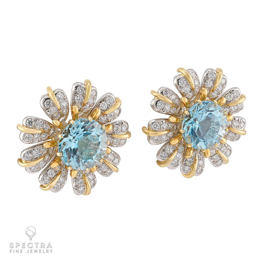 Vintage Tiffany & Co. Schlumberger Aquamarine and Diamond Flower Earrings