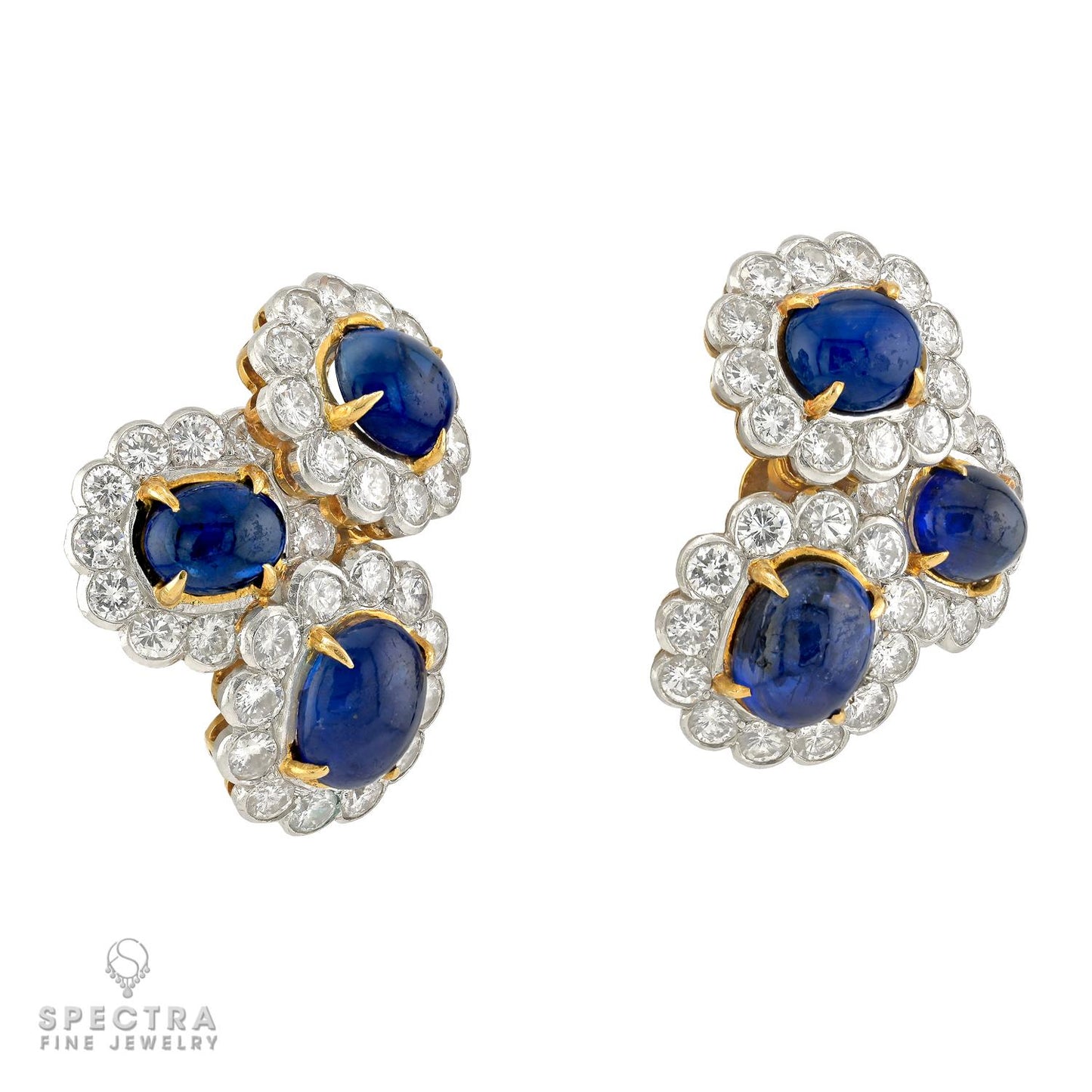 Van Cleef & Arpels Ceylon Sapphire Cabochon & Diamond Earclips, Signed