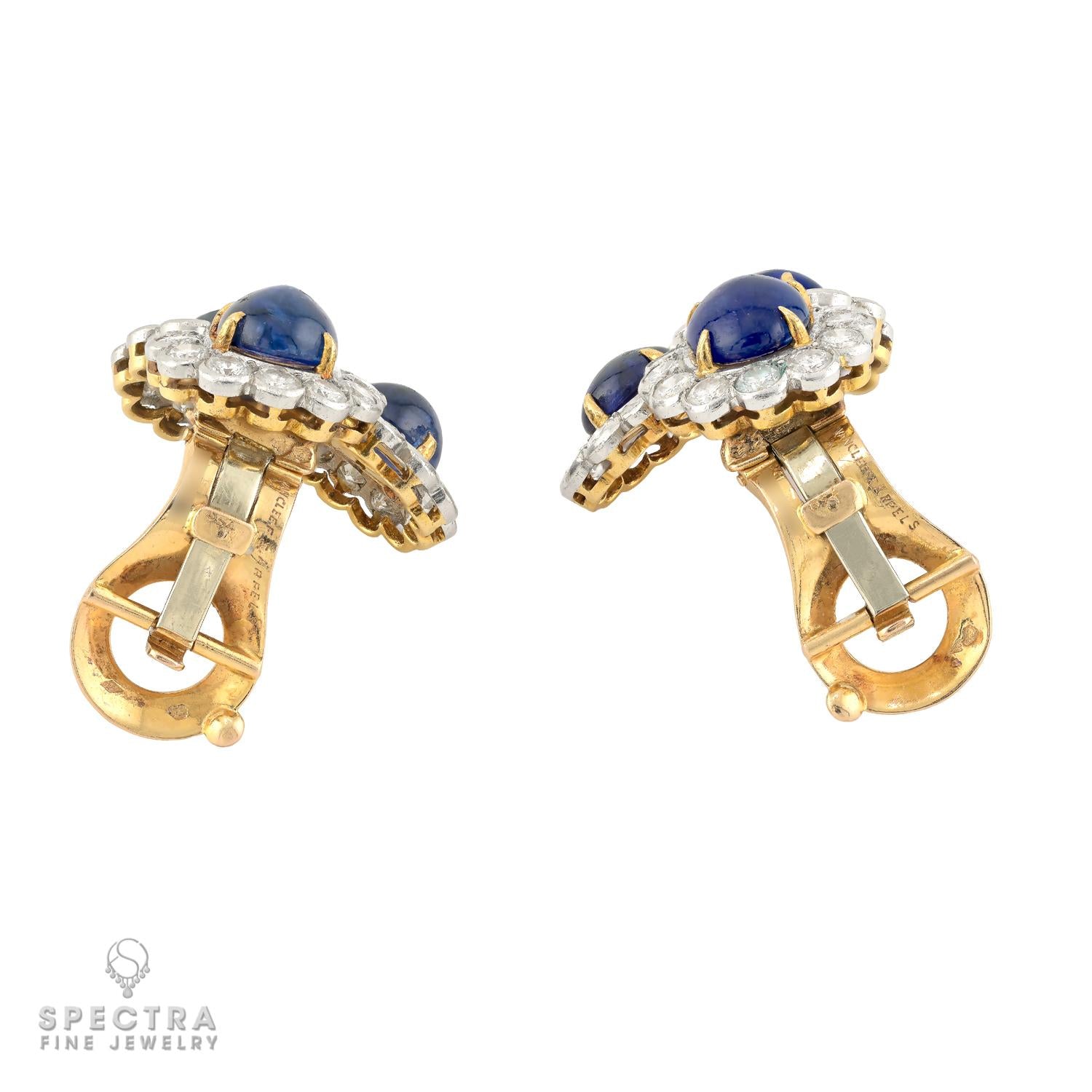 Van Cleef & Arpels Ceylon Sapphire Cabochon & Diamond Earclips, Signed