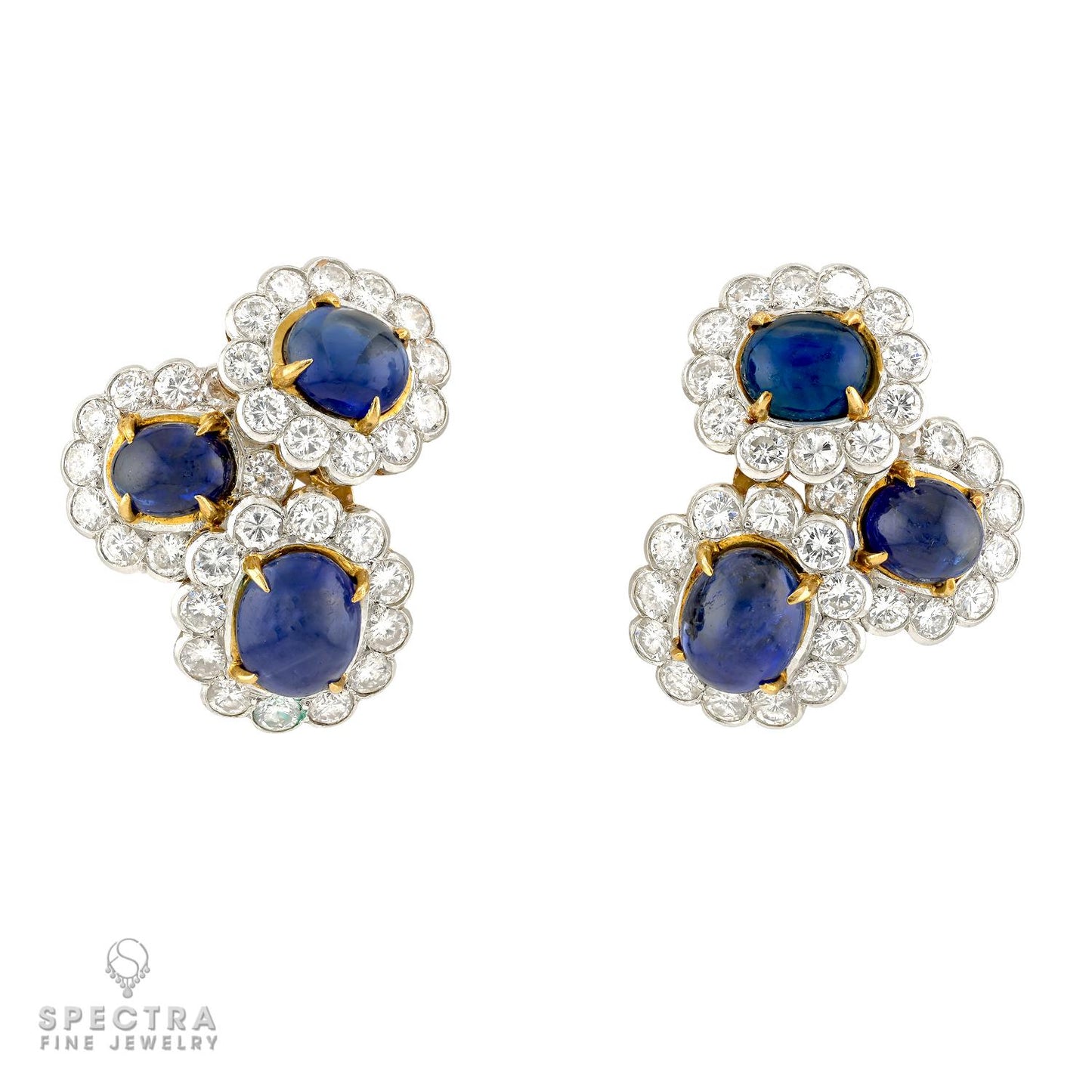 Van Cleef & Arpels Ceylon Sapphire Cabochon & Diamond Earclips, Signed