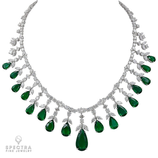 Exquisite 57.37ct Zambian Emerald and Diamond Fringe Necklace