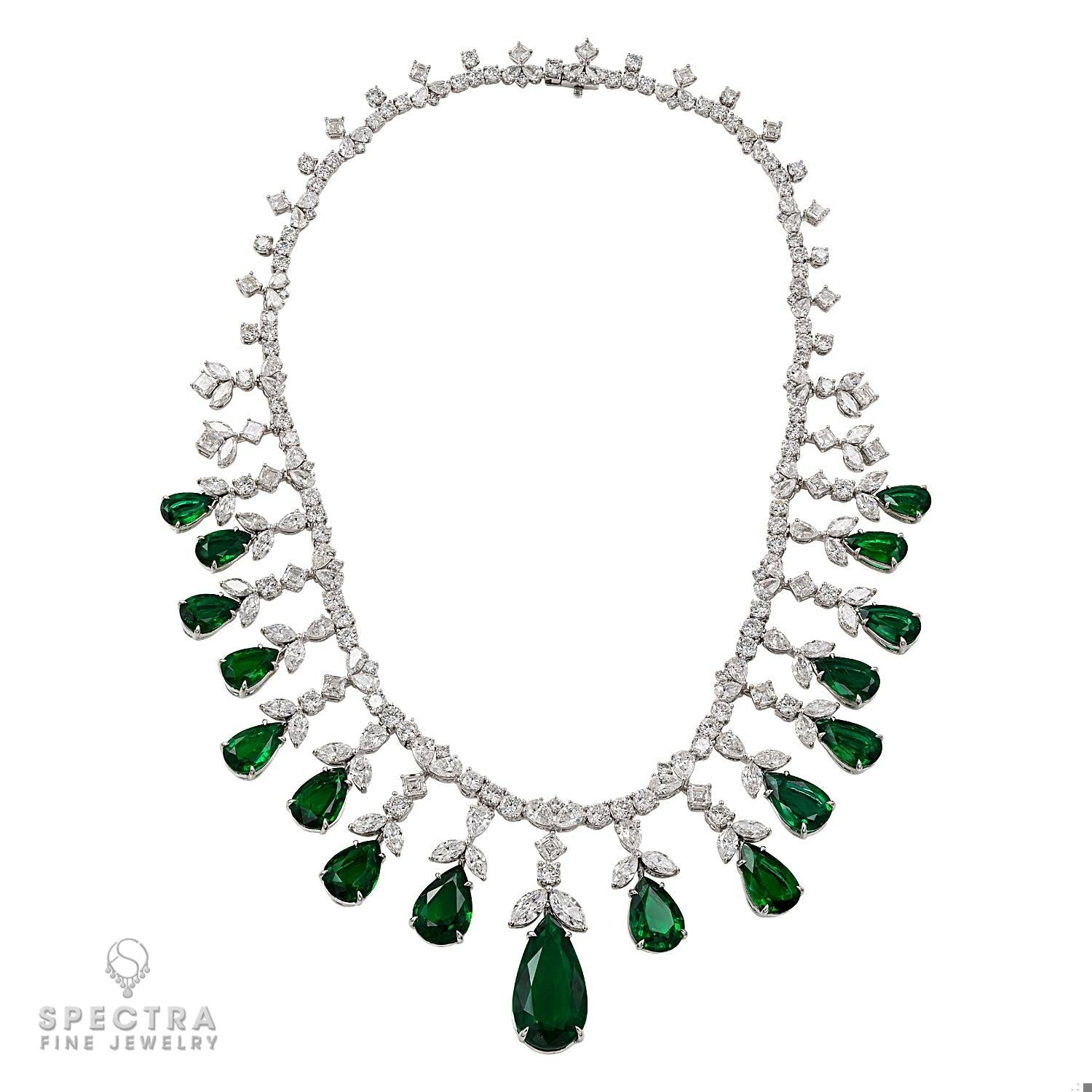 Exquisite 57 37ct Zambian Emerald And Diamond Fringe Necklace