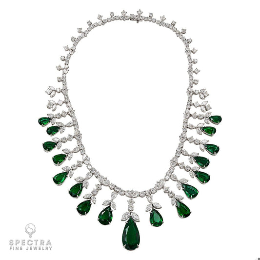 Exquisite 57.37ct Zambian Emerald and Diamond Fringe Necklace