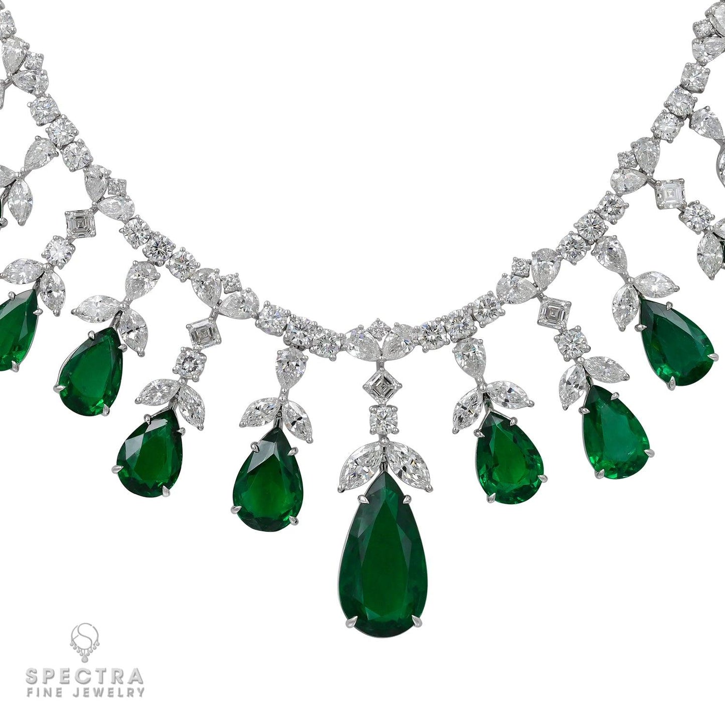 Exquisite 57.37ct Zambian Emerald and Diamond Fringe Necklace