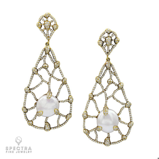 Judith Ripka Pearl Diamond Drop Earrings in 18kt Gold