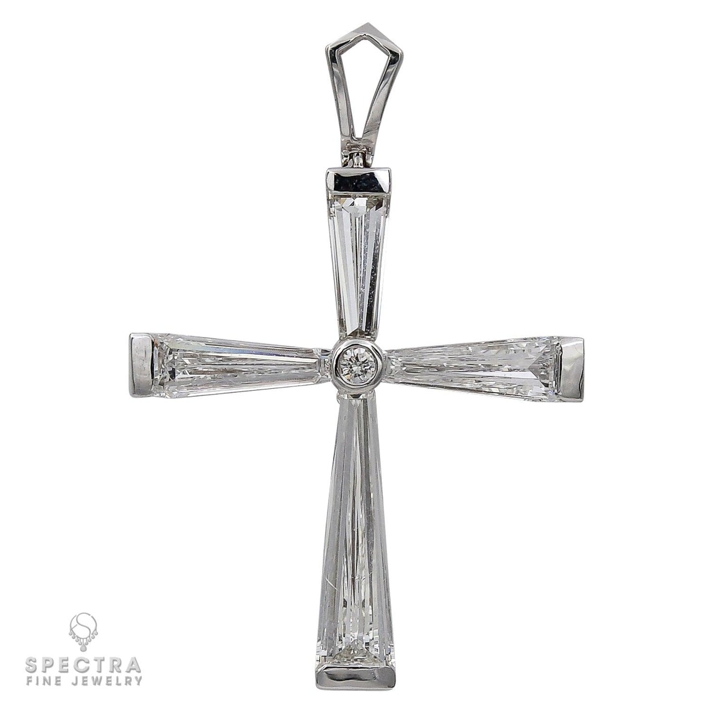 Modern Cross Pendant Necklace with 4 Tapered Baguette Diamonds