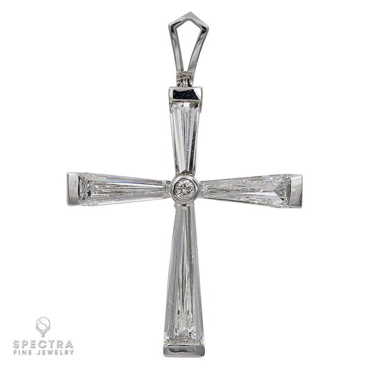 Modern Cross Pendant Necklace with 4 Tapered Baguette Diamonds