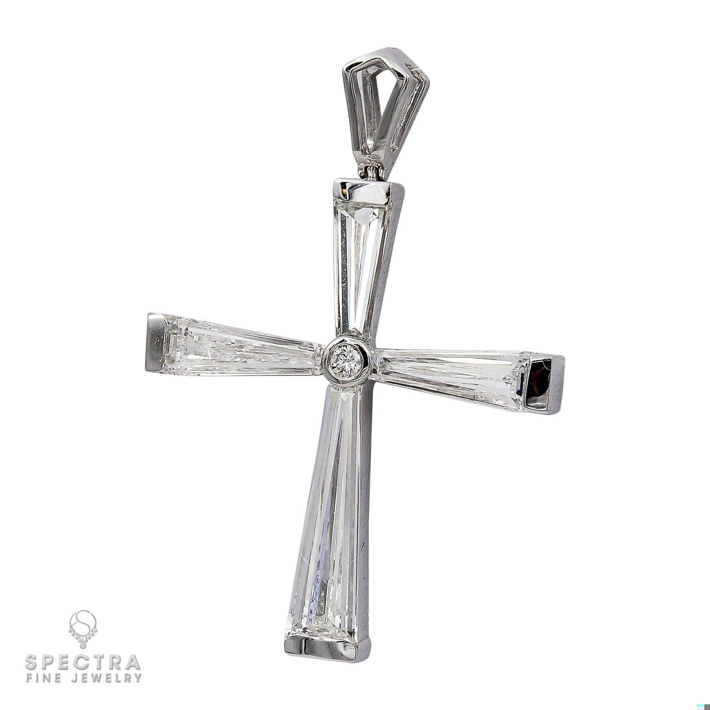 Modern Cross Pendant Necklace with 4 Tapered Baguette Diamonds