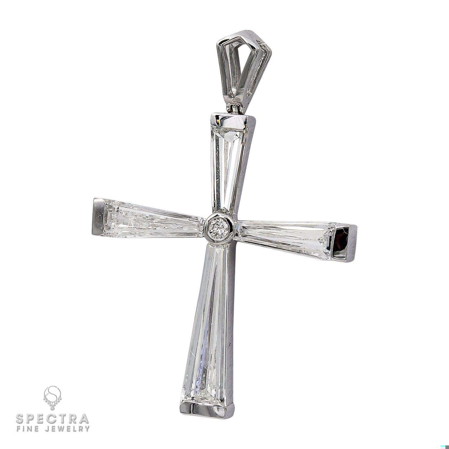 Modern Cross Pendant Necklace with 4 Tapered Baguette Diamonds