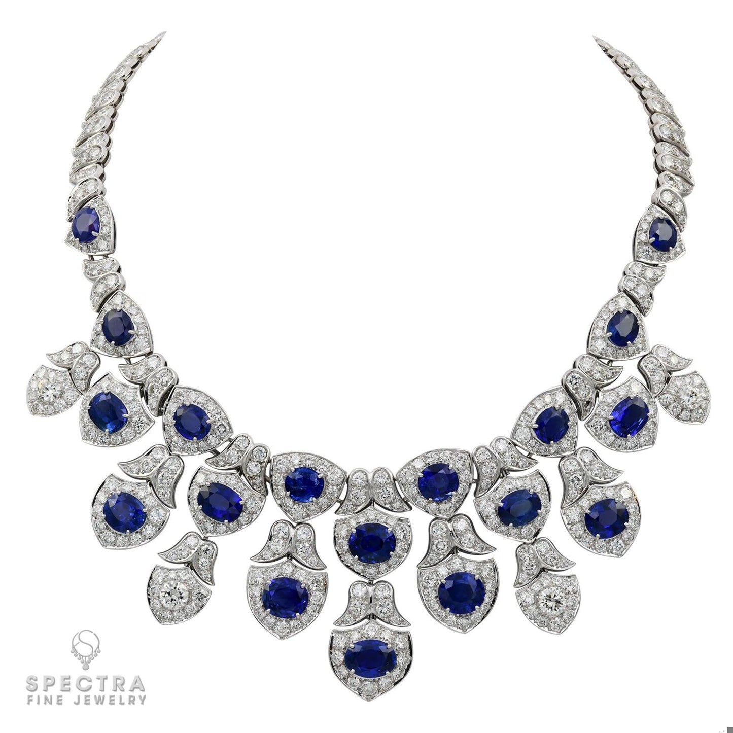 Modern Sapphire and Diamond Bib Necklace in Platinum