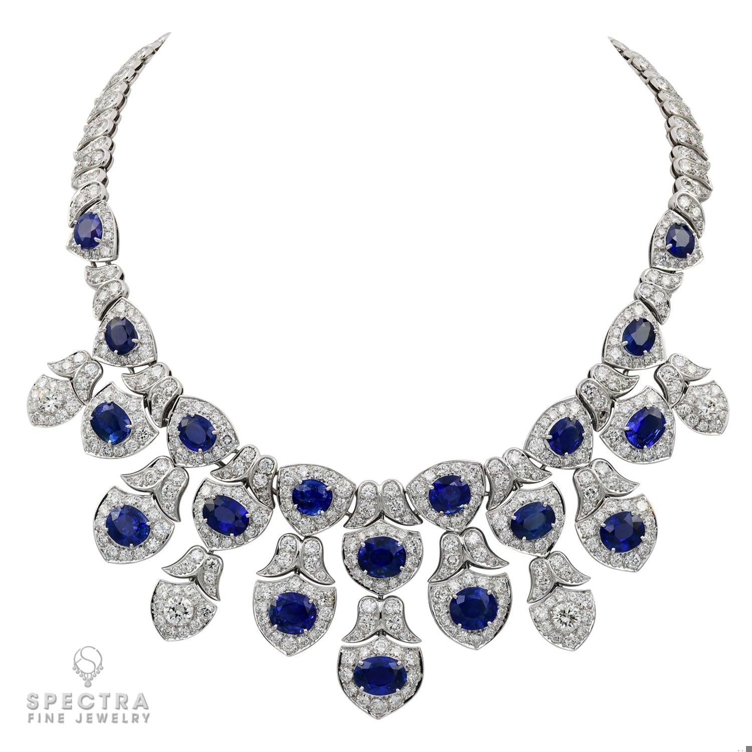 Modern Sapphire and Diamond Bib Necklace in Platinum