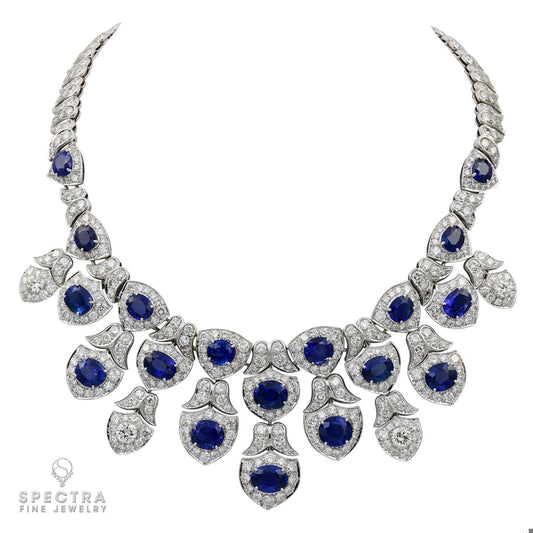 Modern Sapphire and Diamond Bib Necklace in Platinum