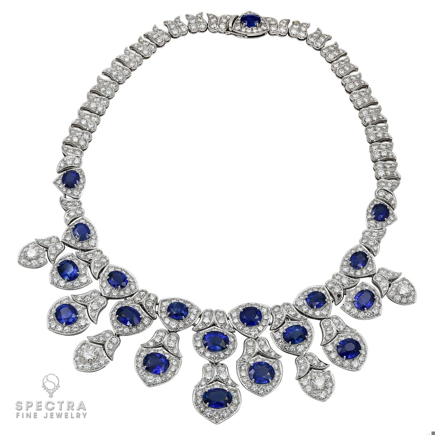 Modern Sapphire and Diamond Bib Necklace in Platinum