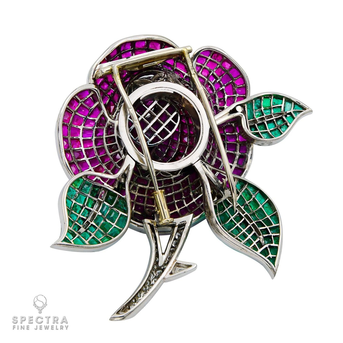 Mystery-set Ruby Emerald Diamond Flower Brooch | French Craftsmanship