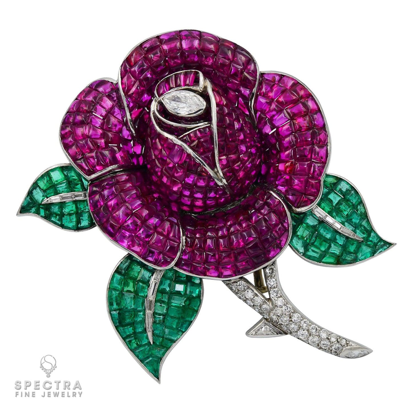 Mystery-set Ruby Emerald Diamond Flower Brooch | French Craftsmanship