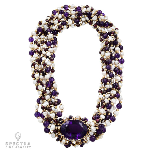 Verdura Vintage Amethyst Garnet Pearl Diamond 'Torsade' Bead Necklace