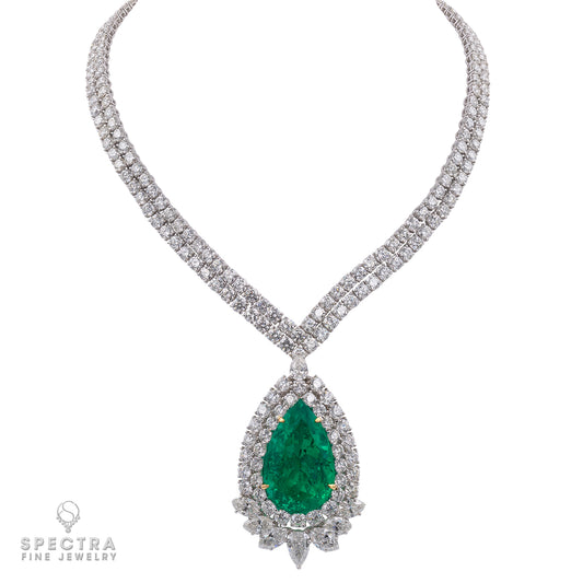 Certified 47.76 Carat Colombian Emerald and Diamond Necklace/Brooch in 18kt White Gold