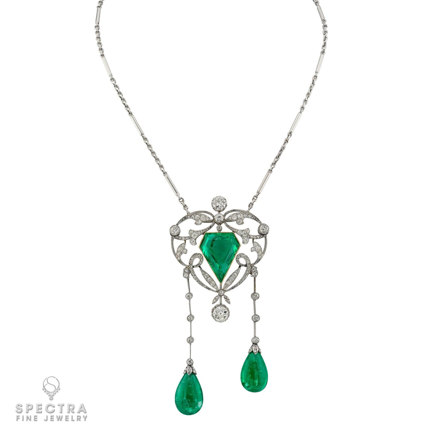 Art Deco 21ct Colombian Emerald & Diamond Necklace | Platinum 1920