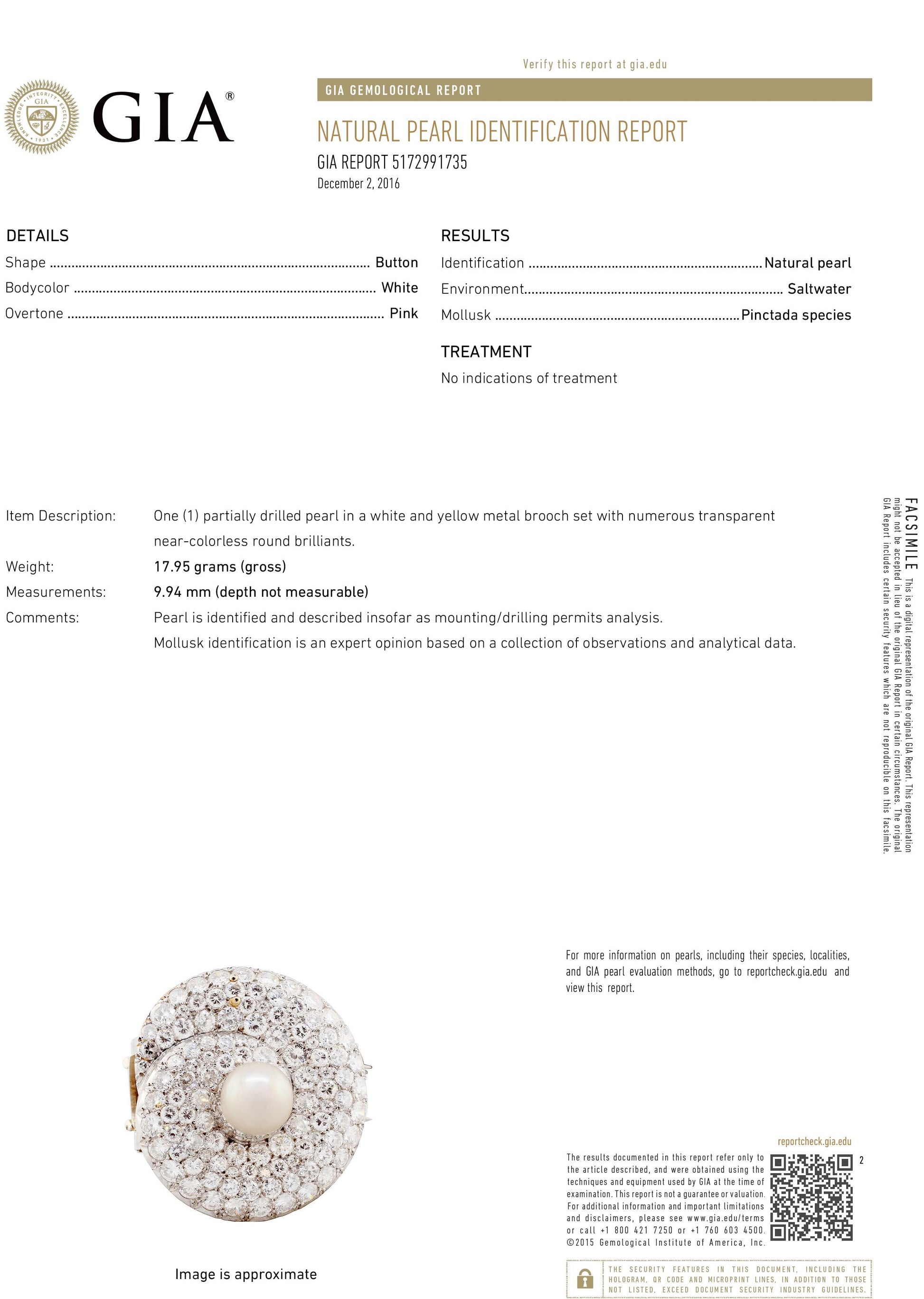 Natural Pearl Brooch/Pin: Saltwater Pearl, 14 ct. Diamond in Platinum