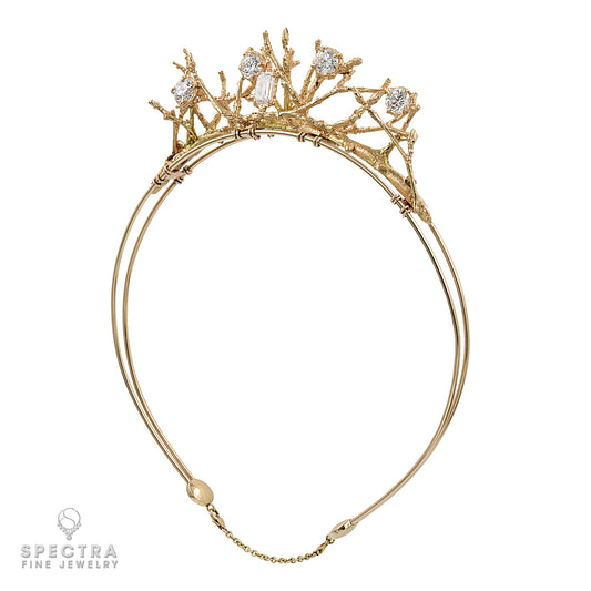 Gold Tiara with Emerald-Cut and Brilliant Diamonds | Twig Design Elegance
