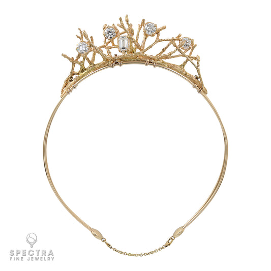 Gold Tiara with Emerald-Cut and Brilliant Diamonds | Twig Design Elegance