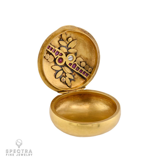 Antique Fabergé-Style Ruby & Diamond 18k Gold Pill Box