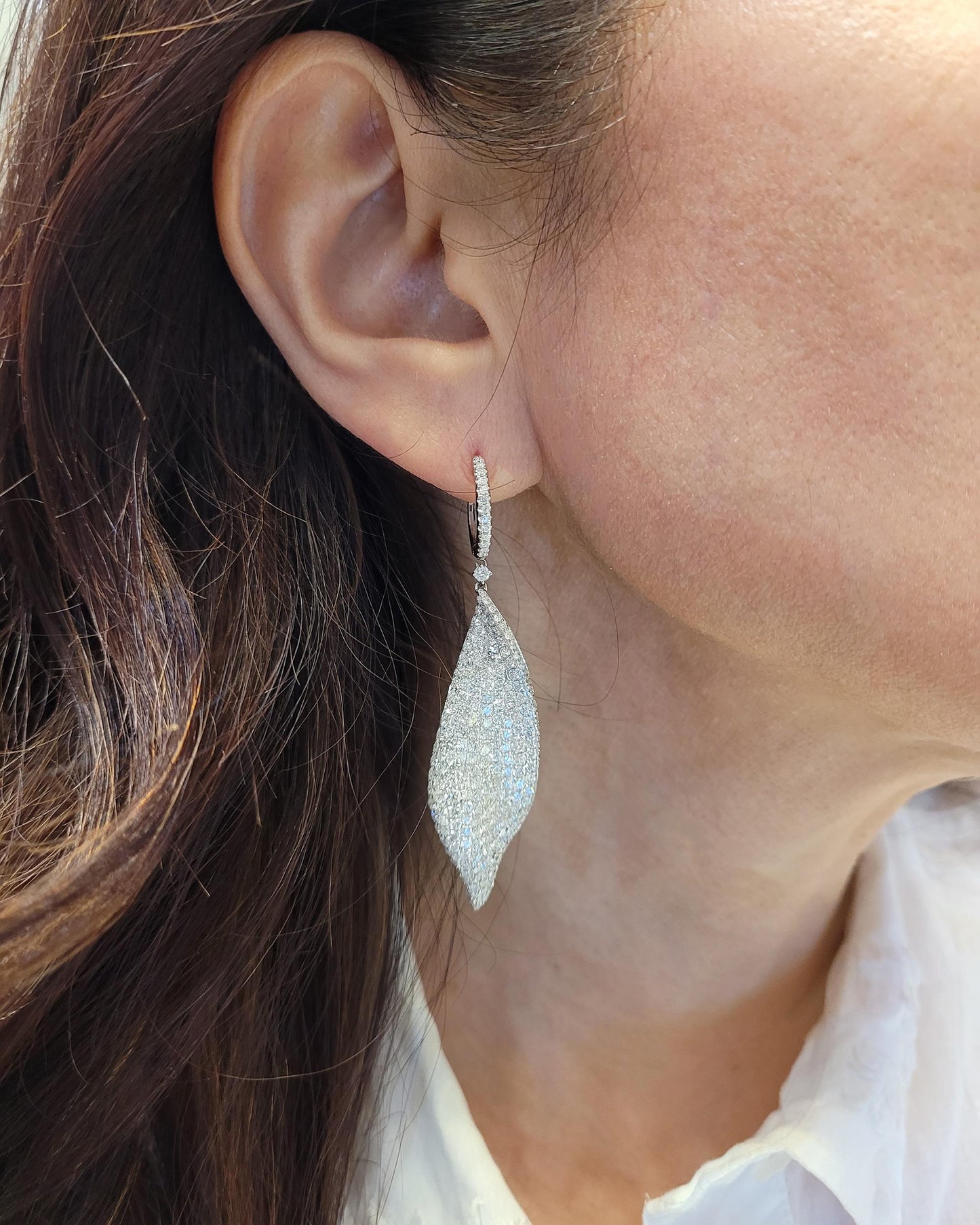 Contemporary Diamond Pave Leaf Drop Earrings