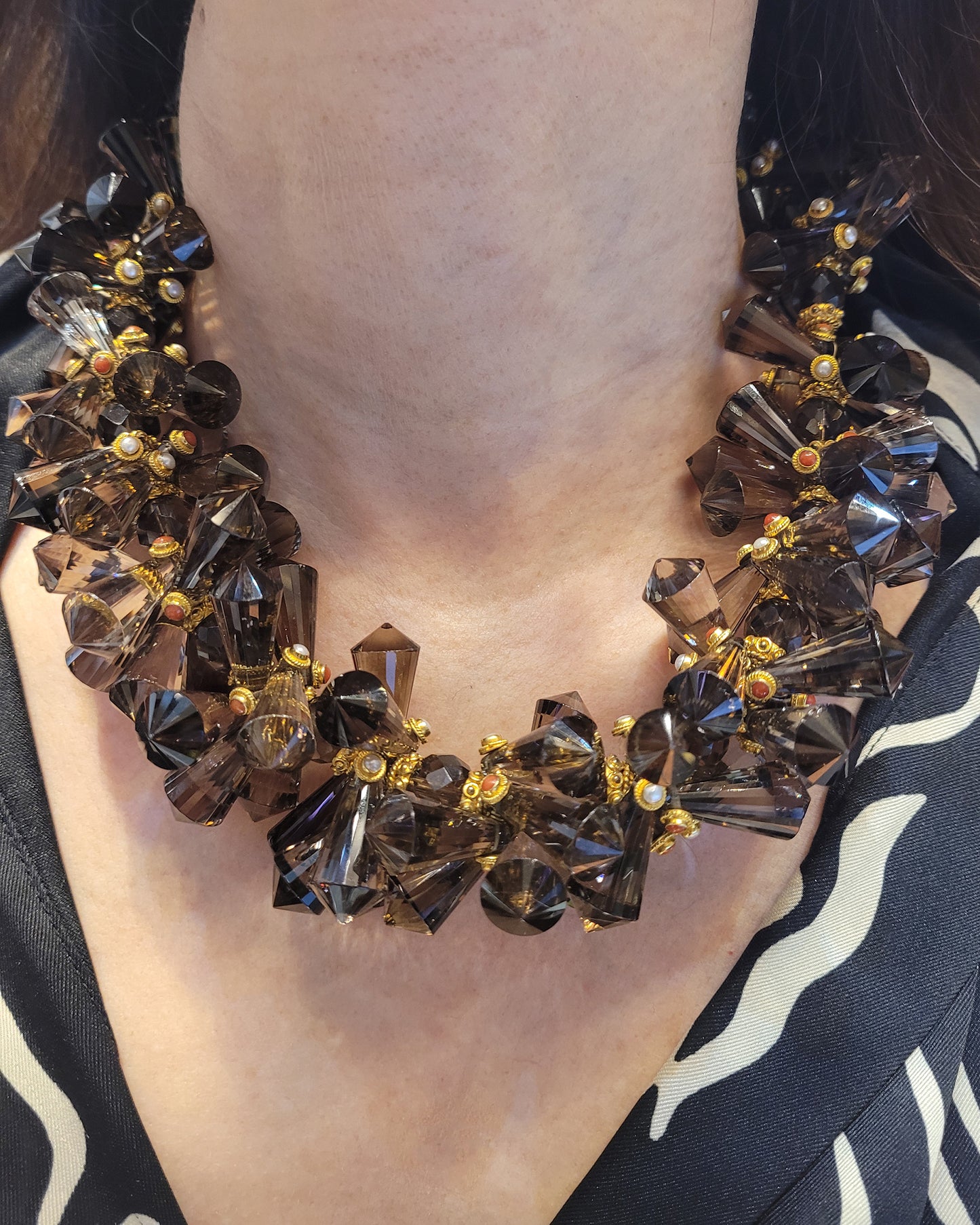 Smokey Topaz Beaded Necklace in 22k Gold