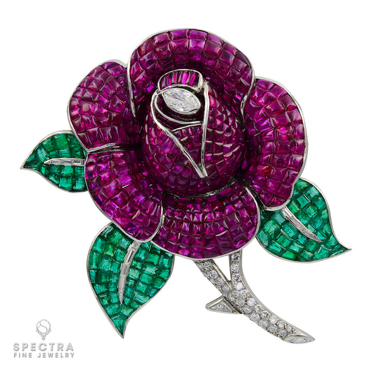 Mystery-set Ruby Emerald Diamond Flower Brooch | French Craftsmanship