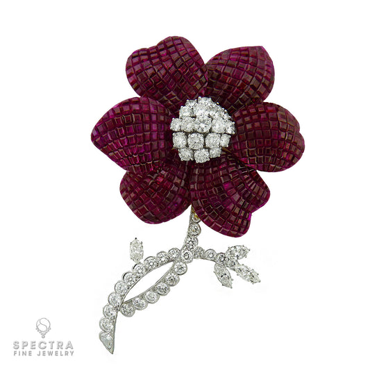 Aletto Brothers Invisibly Set Ruby Diamond Platinum Flower Convertible Brooch