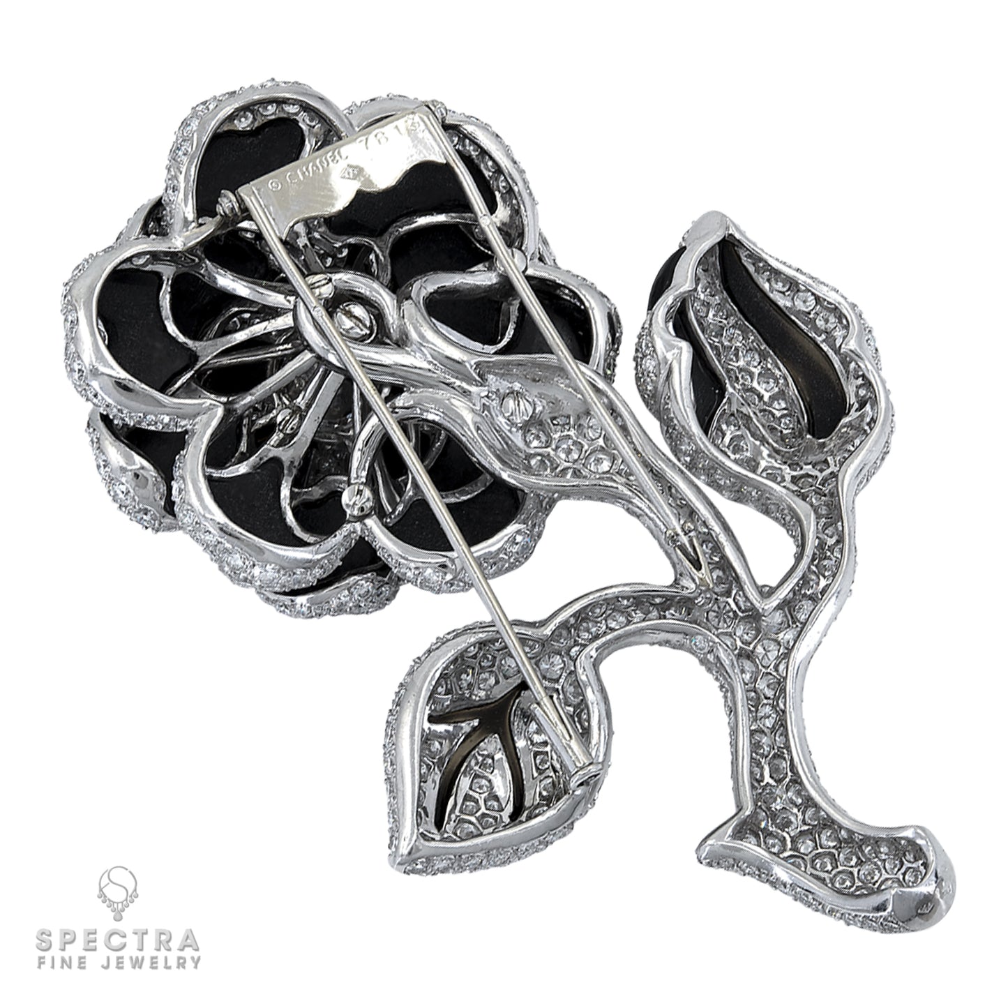 Chanel Vintage Diamond Onyx Flower Brooches Set Demi Parure Pair