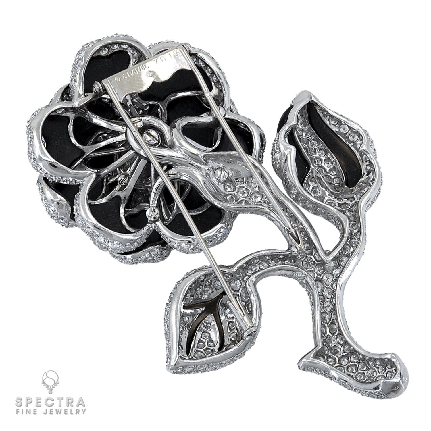 Chanel Vintage Diamond Onyx Flower Brooches Set Demi Parure Pair