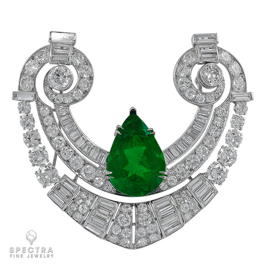 Vintage Mid-Century Retro Revival Colombian Emerald Diamond Brooch