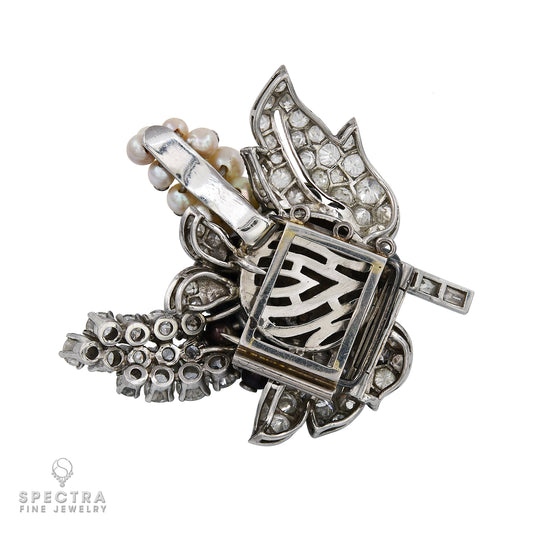 Platinum Double Pinstem Brooch with Diamonds and Pearls