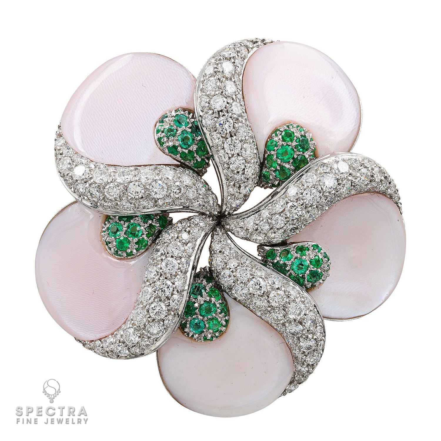 De Ambrosi's Diamond Emerald Mother of Pearl Flower Brooch