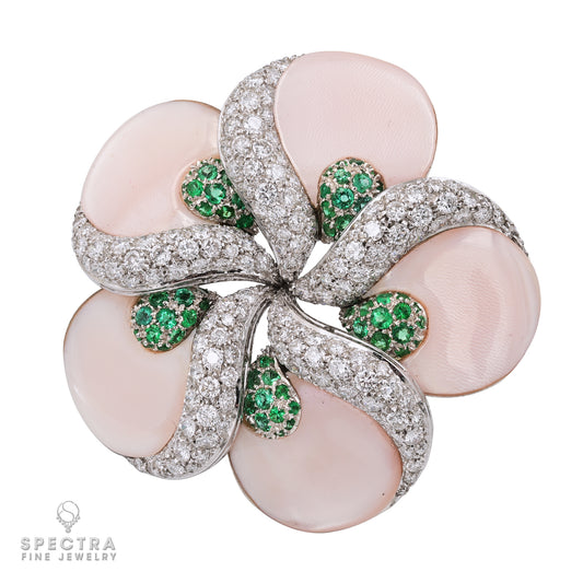 De Ambrosi's Diamond Emerald Mother of Pearl Flower Brooch