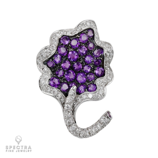 Exquisite Diamond Amethyst 18K White Gold Pin Brooch by Ambrosi