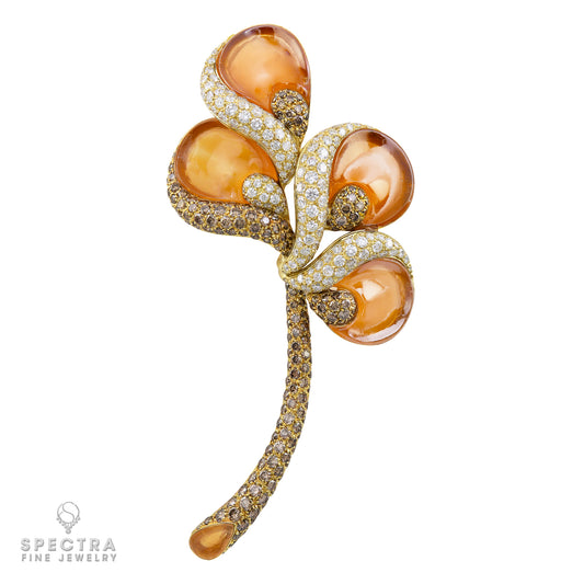 De Ambrosi Diamond Gemstone Flower Stem Brooch