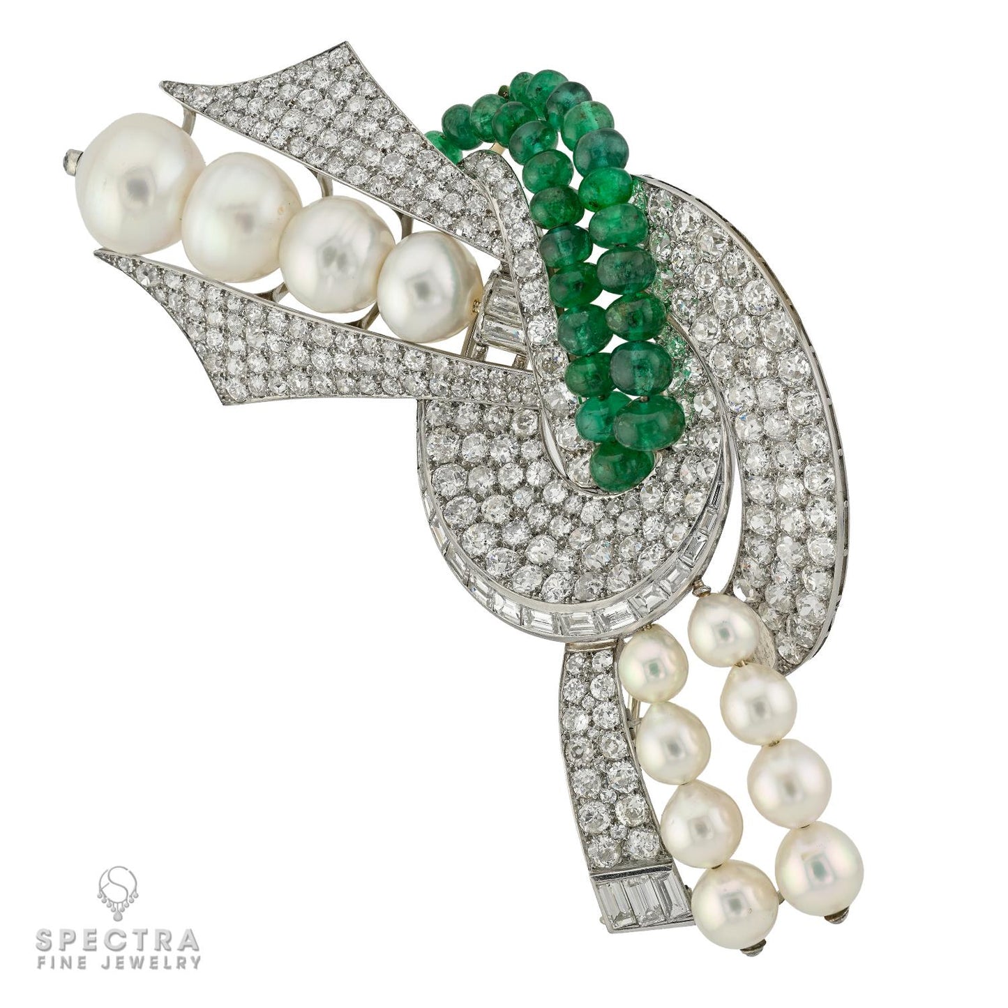 Antique Emerald, Diamond & Cultured Pearl French Brooch | Spectra
