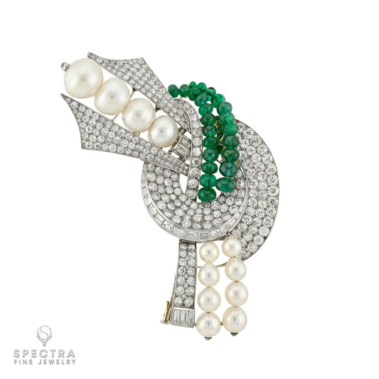 Antique Emerald, Diamond & Cultured Pearl French Brooch | Spectra