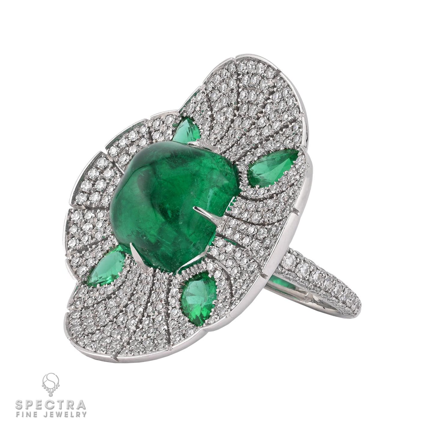 9.16ct Sugarloaf Emerald and Diamond 18K White Gold Ring