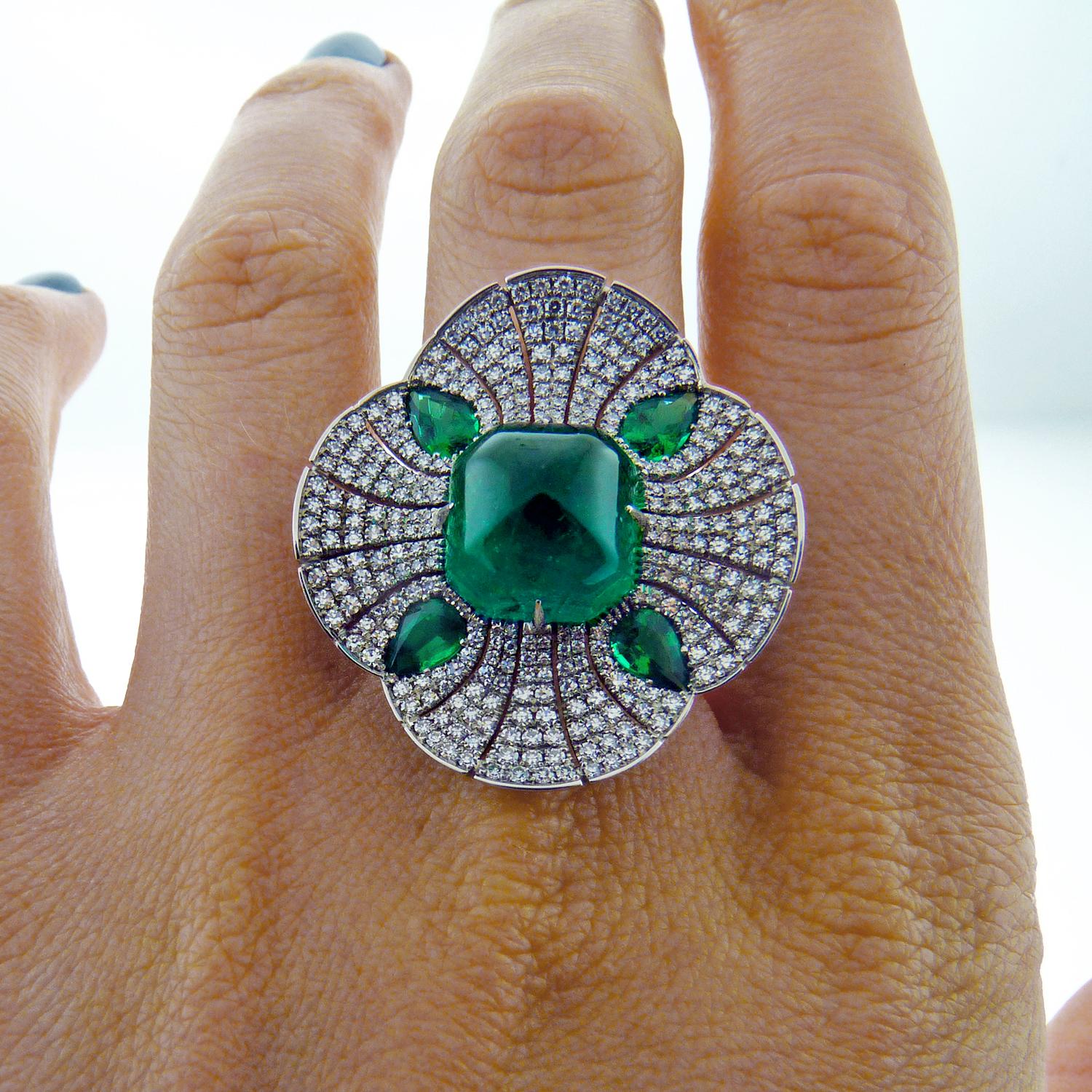 9.16ct Sugarloaf Emerald and Diamond 18K White Gold Ring