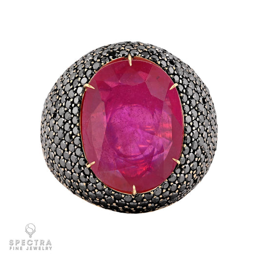 Ruby and Pave Black Diamond Ring in 18K Gold, 12.00 Carats