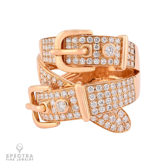 18K Rose Gold Diamond Double Buckle Ring 3.0 ct, Size 6.5